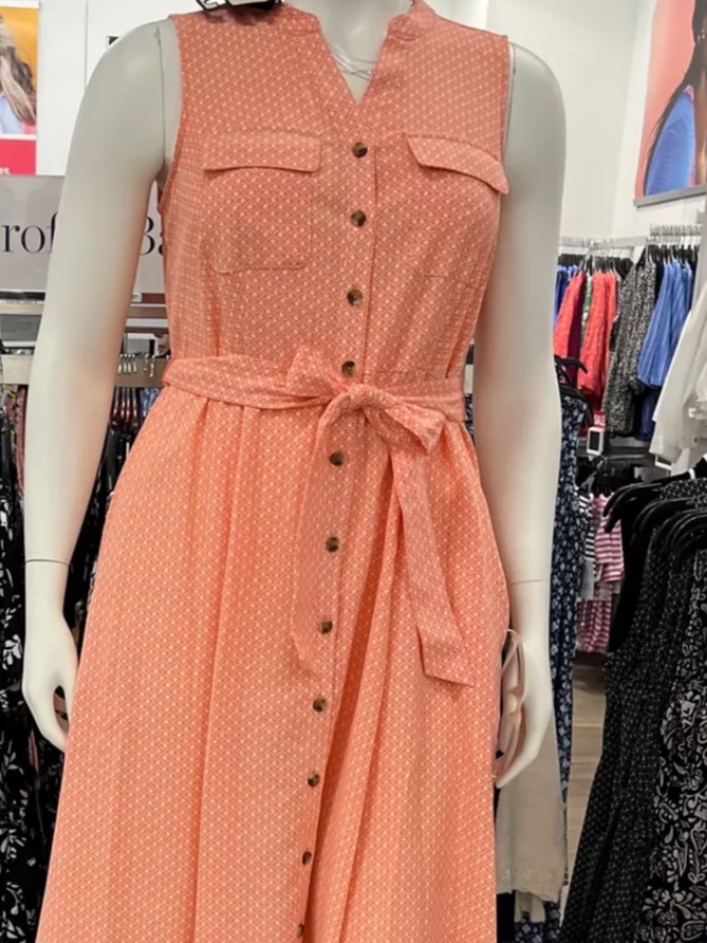 croft & barrow Coral Sleeveless Midi Shirt Dress with Tie Waist & pockets